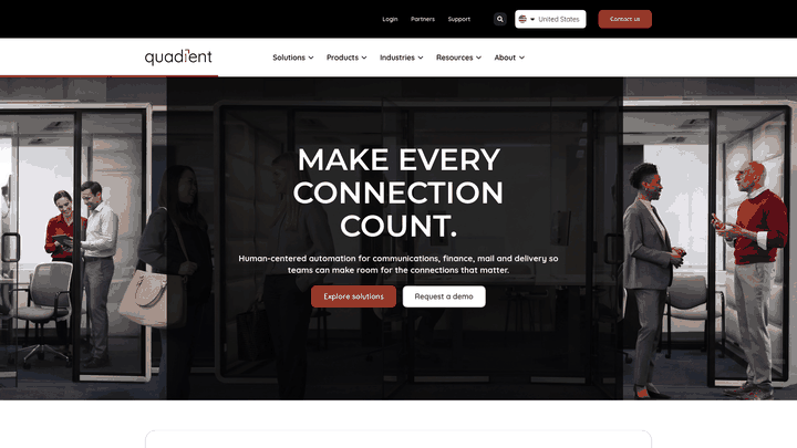 Screenshot: Quadient AR homepage showing product overview, navigation, and key value‑proposition highlights.