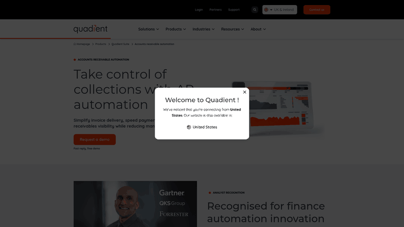 Screenshot: Quadient AR product page with feature overview, dashboards and benefit highlights