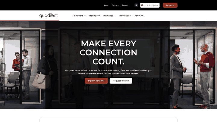 Screenshot: Quadient homepage showing the overall brand and AR automation positioning