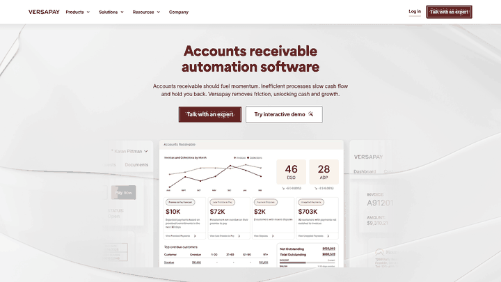 Screenshot: Versapay homepage highlighting its AR automation focus and key value props