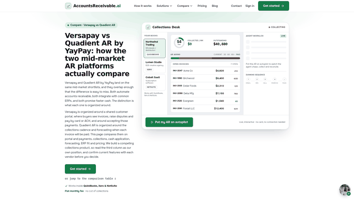 Screenshot: Side‑by‑side feature table comparing Quadient AR and Versapay across portal, collections, forecasting, and pricing.