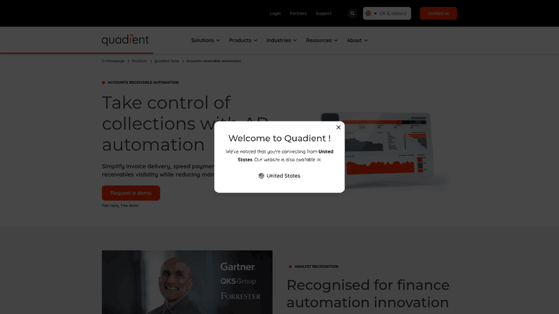 Screenshot: Quadient AR homepage showing its portal‑led automation positioning and key UI elements.