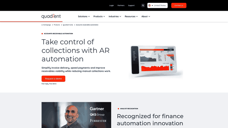 Screenshot: Quadient AR product landing page showing its key UI and branding