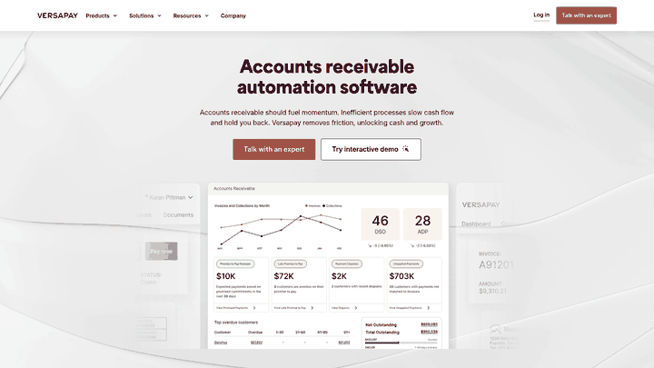 Screenshot: Versapay homepage displaying its main dashboard overview and branding