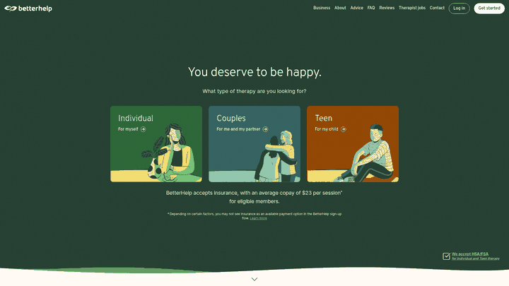 Screenshot: Displays BetterHelp’s homepage, a leading online counseling platform, illustrating the typical counseling service layout and positioning.