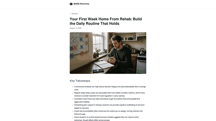 Screenshot: Sample daily routine outline with wake‑up, meals, check‑ins and habit‑tracker examples
