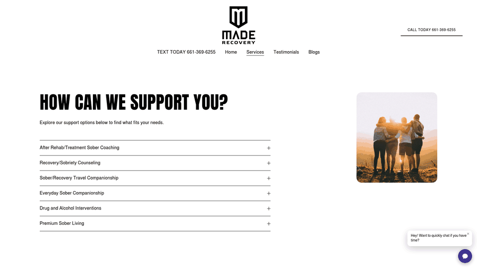Screenshot: Overview of MADE Recovery’s coaching services (after‑rehab coaching, peer groups, sober living, etc.)