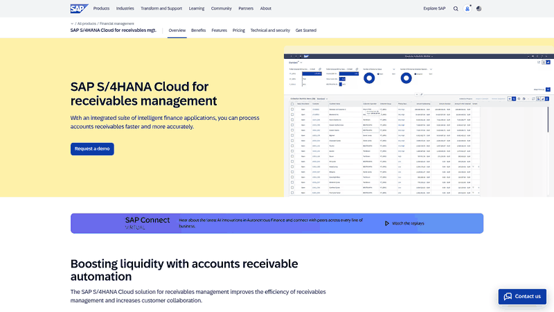 Screenshot: Product page showing SAP S/4HANA Cloud Accounts Receivable Automation overview and key features such as dunning and cash‑application.
