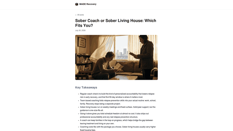 Screenshot: Side‑by‑side comparison of sober coaching vs. Sober‑living houses.