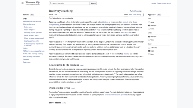 Screenshot: Definition and overview of recovery coaching, highlighting core concepts and scope.