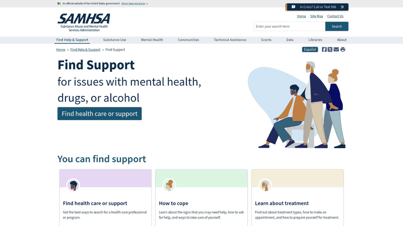 Screenshot: SAMHSA’s resource hub for finding support, treatment, and crisis help.
