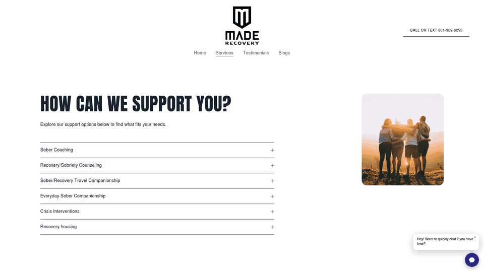 Screenshot: Shows the range of MADE Recovery services-including one‑on‑one coaching, team‑based support, virtual/in‑person options, and sober companionship-illustrating how a plan can be customized for life outside the clinic.