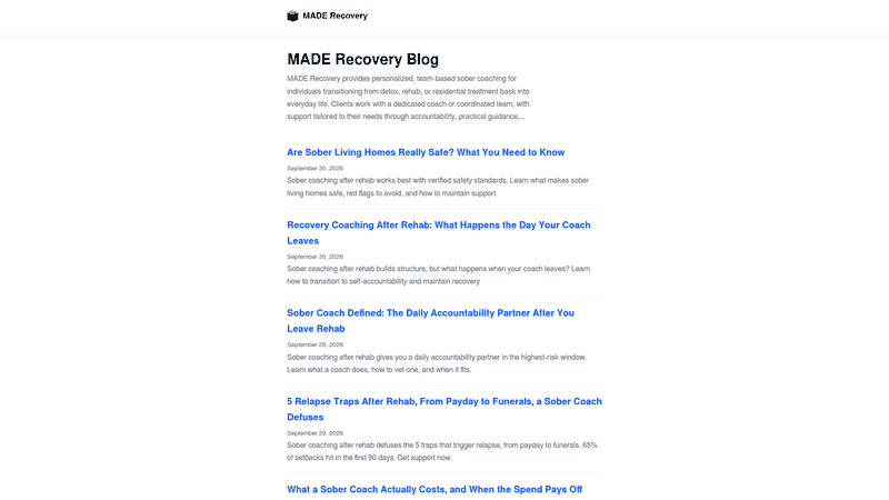 Screenshot: Displays the blog’s article list, highlighting posts about relapse‑trigger tools, daily routines, travel companionship, and progress tracking that coaches employ in real‑world settings.