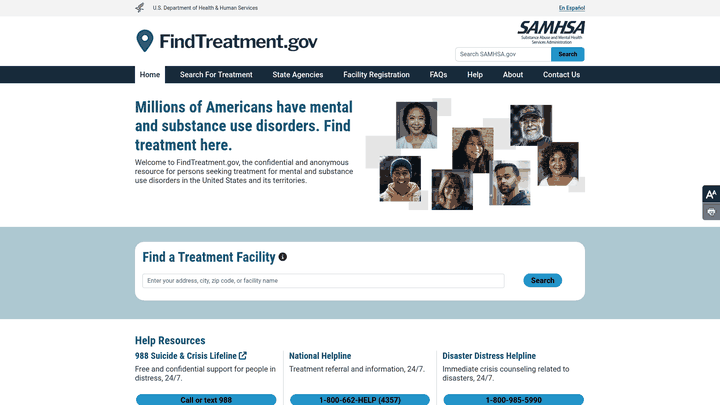 Screenshot: FindTreatment.gov search interface and helpline links (988 crisis line, National Helpline).