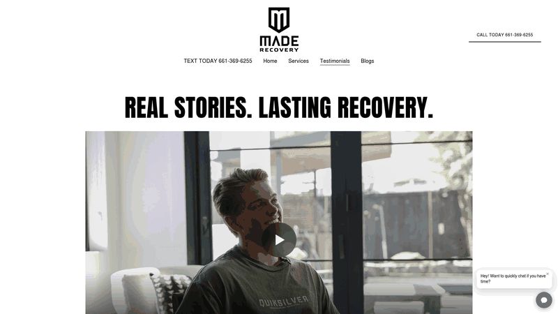 Screenshot: Testimonials page showcasing real client stories about how MADE Recovery’s sober coaching supported their post‑rehab journey.
