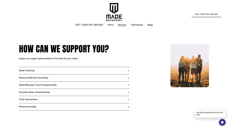 Screenshot: Overview of MADE Recovery’s coaching options (sober coaching, travel companionship, crisis interventions, etc.)