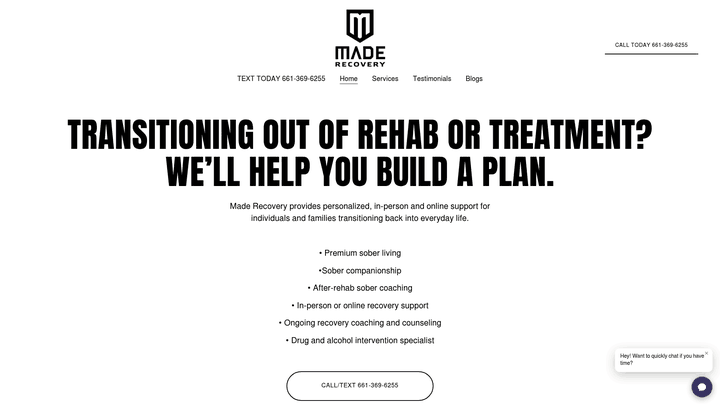 Screenshot: Shows the overall look and branding of MADE Recovery’s private sober‑coaching service.