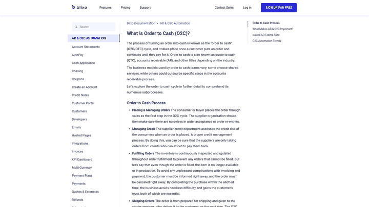 Screenshot: Documentation page outlining the end‑to‑end Order‑to‑Cash flow and automation steps.