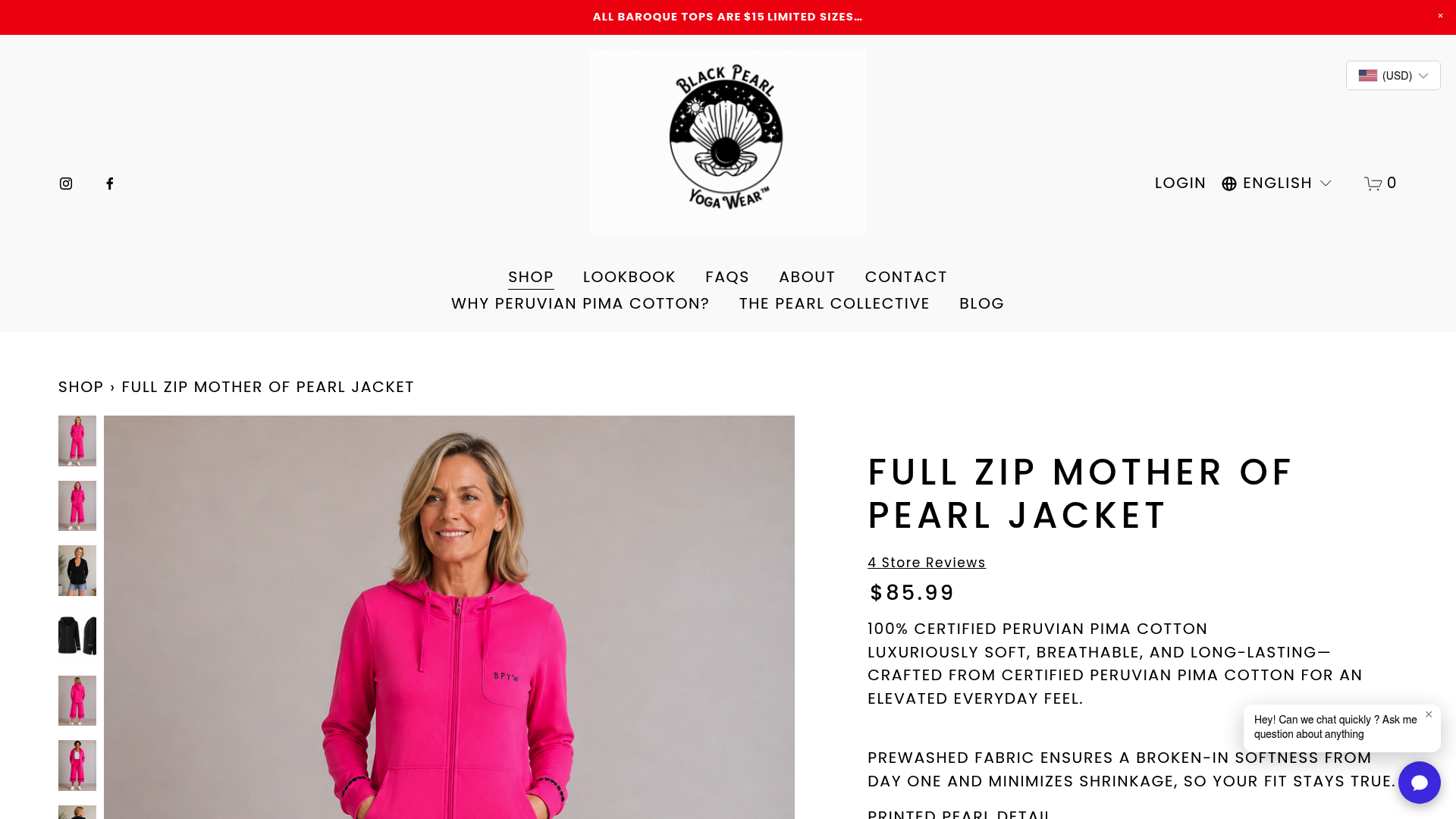 Screenshot: Product page showing pre‑washed fabric claim and care instructions for the jacket.