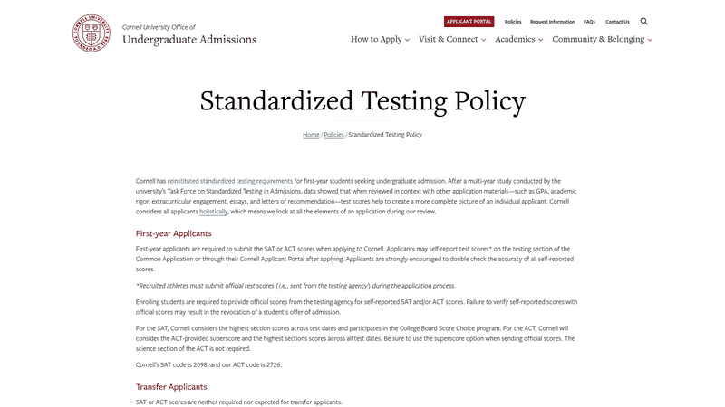 Screenshot: Cornell’s standardized testing policy page outlining current test‑optional status and requirements.
