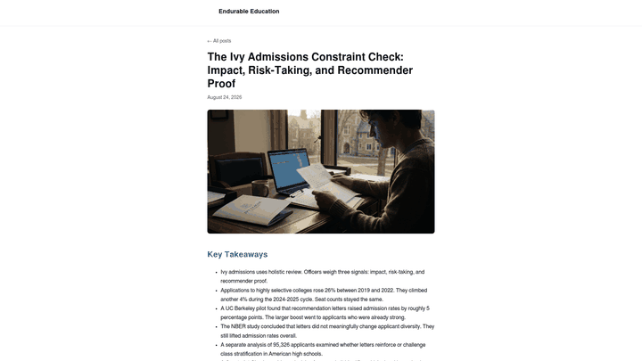Screenshot: Matrix of the three Ivy‑League signal pillars (Impact, Risk‑Taking, Recommender Proof) used by Endurable’s consulting framework