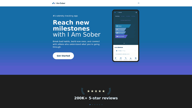 Screenshot: Captures the I Am Sober app homepage, highlighting its daily streak tracker and community features for habit‑building.