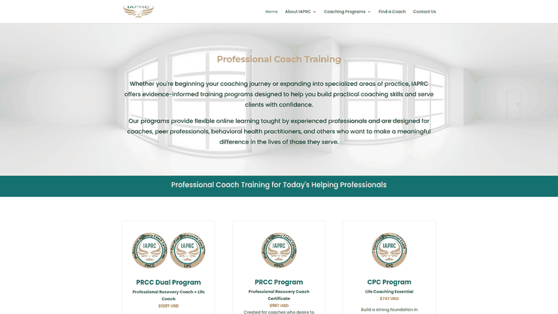 Screenshot: Shows the International Association of Professional Recovery Coaches training page with certification cost listings.