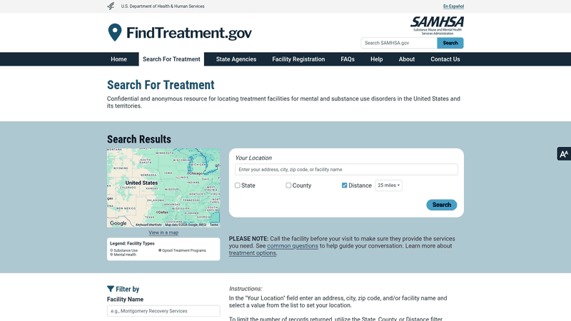 Screenshot: Shows the SAMHSA treatment‑locator map interface where readers can find nearby recovery facilities and support services.
