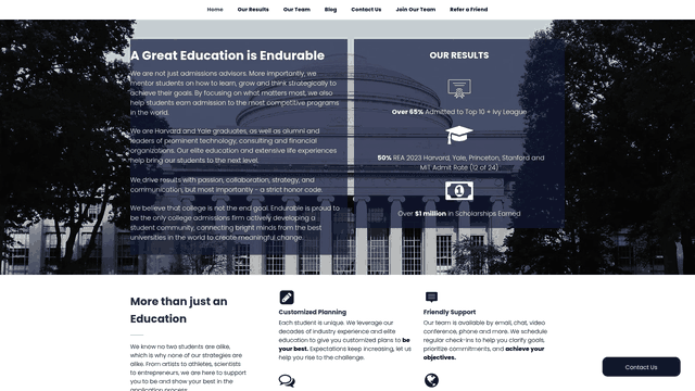 Screenshot: Shows the "Teamwork and Collaboration" panel approach highlighted on the homepage, illustrating how Endurable Education provides diverse perspectives versus traditional one‑on‑one consulting.