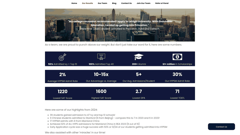 Screenshot: Displays the results dashboard with admission rates, scholarship totals, and other key performance metrics that demonstrate Endurable Education's outcomes.
