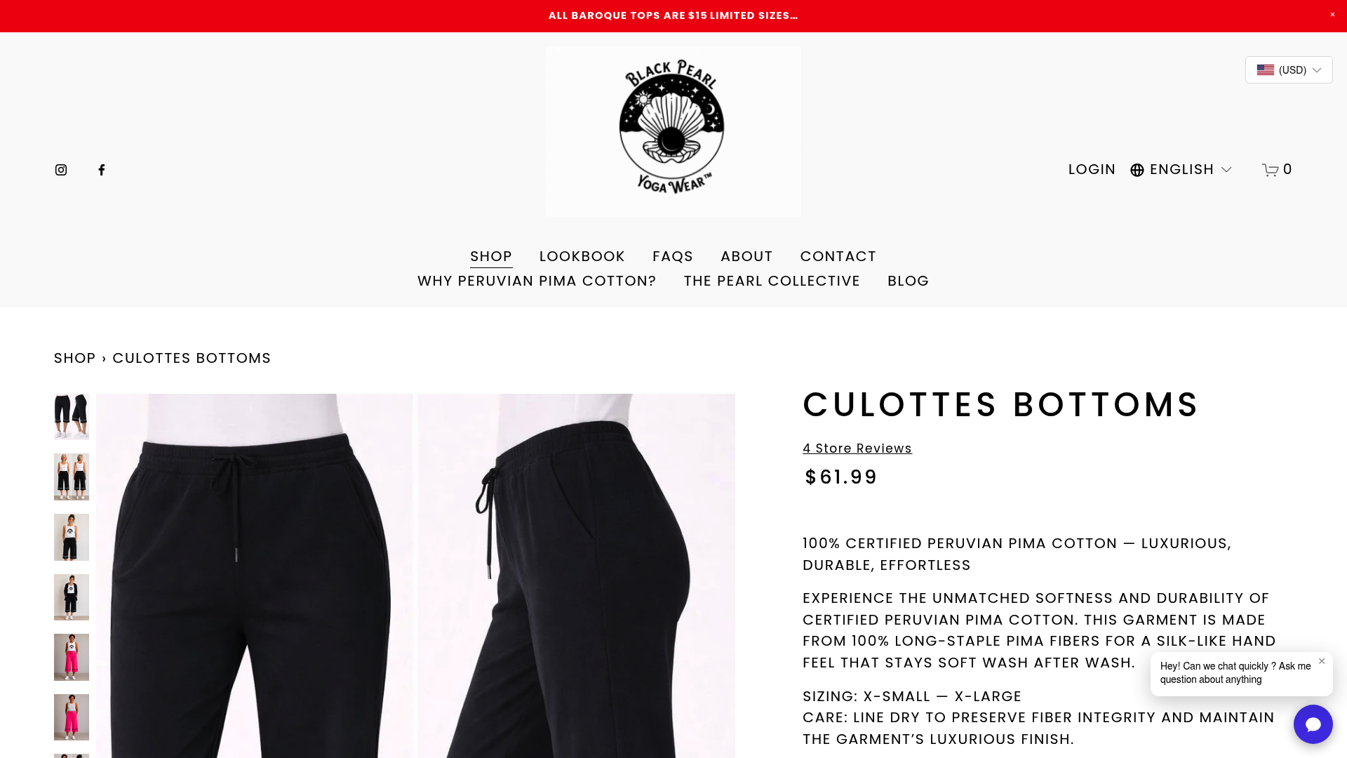 Screenshot: Product detail page for a Pima‑cotton culottes, displaying material specs, sizing (including larger sizes) and user‑focused performance notes.