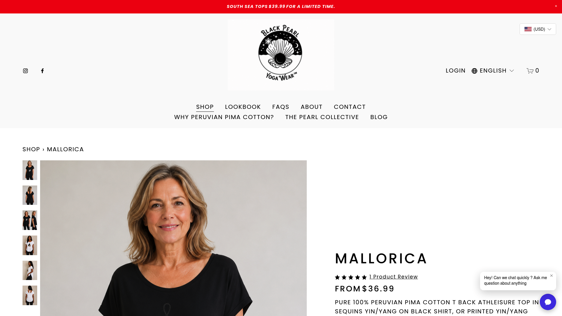Screenshot: Product page for the Mallorica top that displays fabric details, close‑up images, and a brief spec list highlighting softness and breathability.