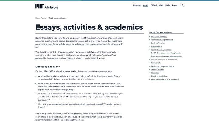 Screenshot: Official MIT supplemental essay prompts list with word‑limit guidance