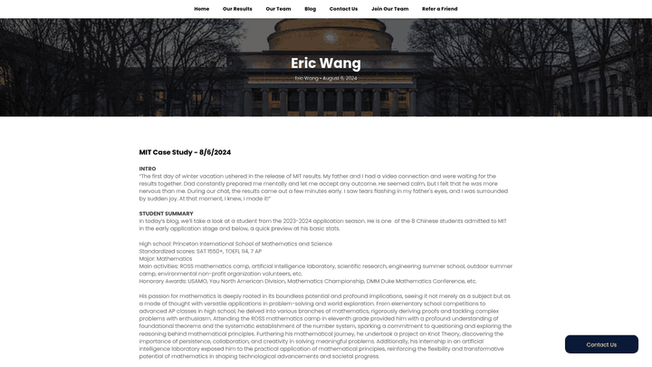 Screenshot: Endurable Education MIT case study detailing a student's journey, specific activities, and essay revisions