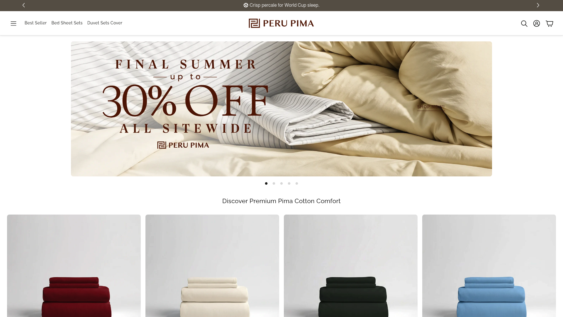 Screenshot: Homepage of a Peruvian Pima cotton brand showing product images and fiber description