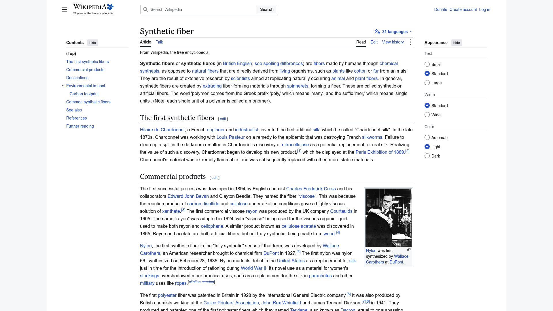 Screenshot: Wikipedia overview page for synthetic fibers with diagrams of fiber structure