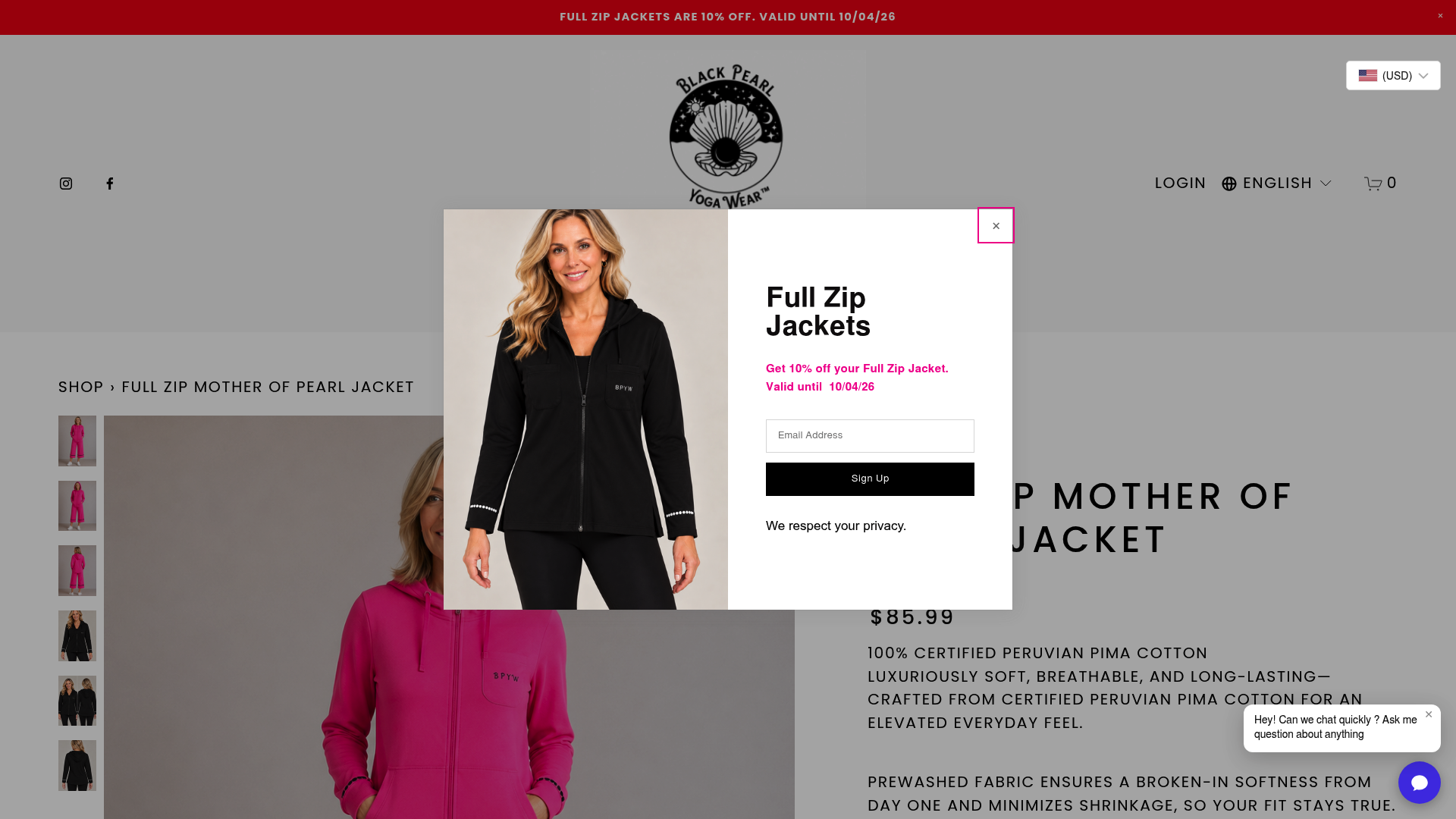 Screenshot: Product page for a full‑zip jacket highlighting the 100% certified Peruvian Pima cotton label and key feature bullets.
