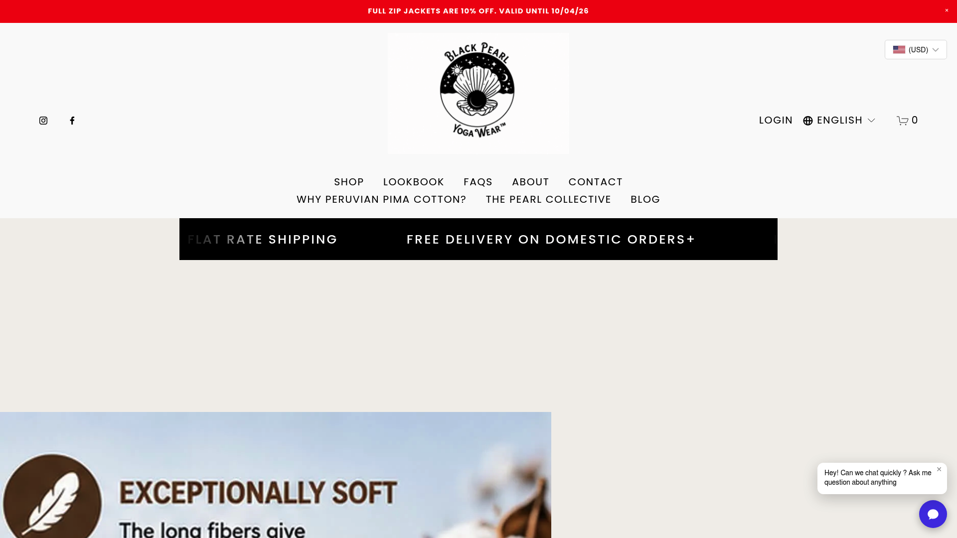 Screenshot: Brand homepage showing Black Pearl Yoga Wear’s focus on premium Peruvian Pima cotton athleisure.