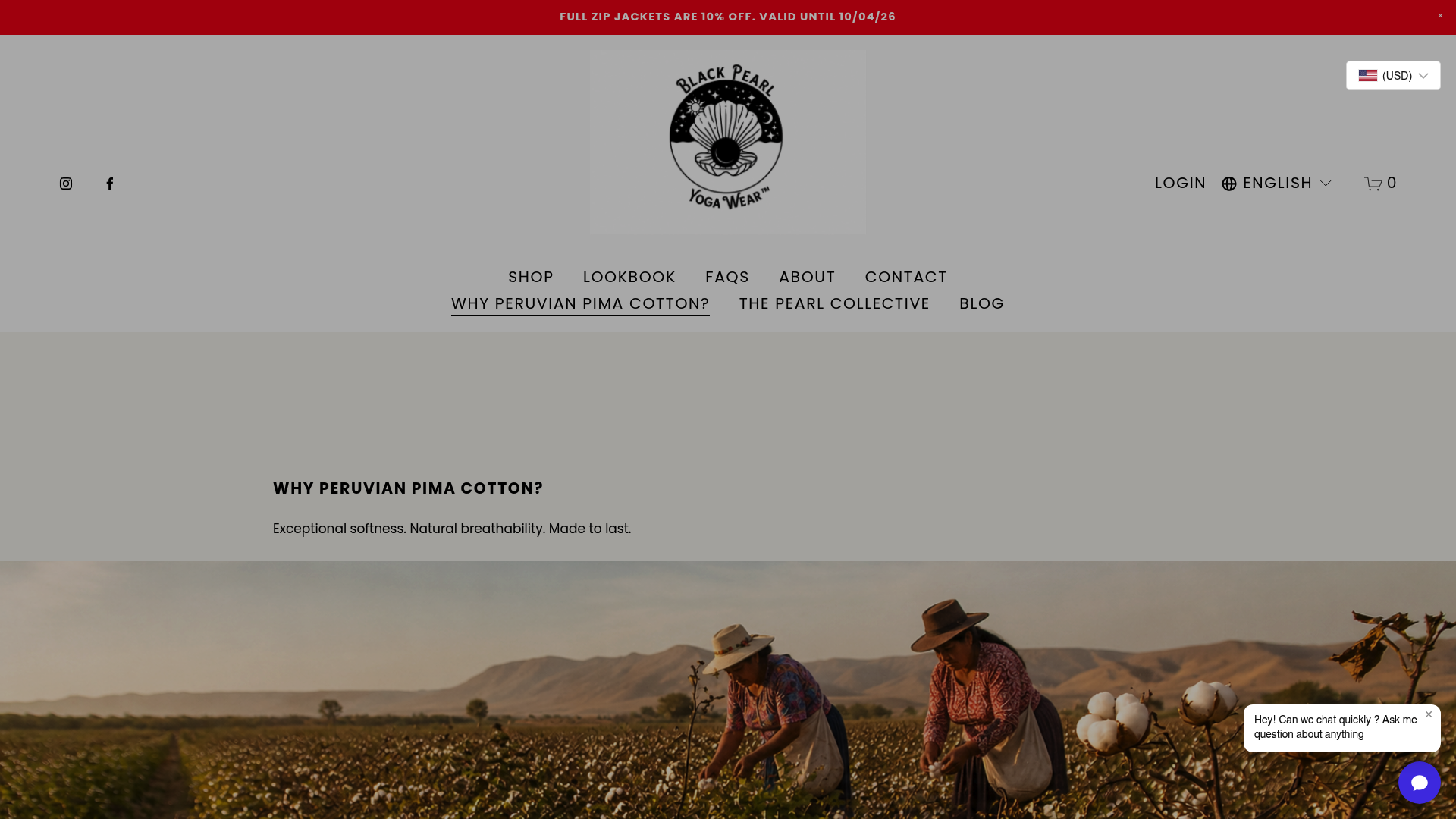 Screenshot: Dedicated page explaining the unique properties of Peruvian Pima cotton (softness, breathability, durability).