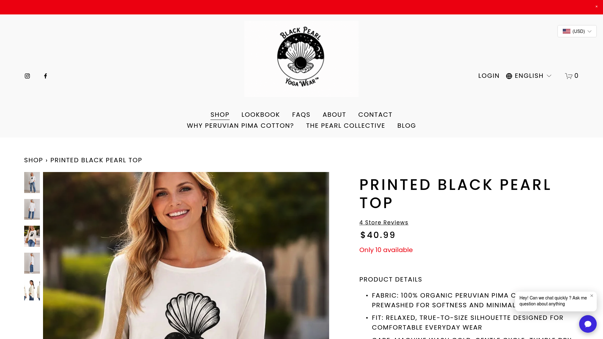 Screenshot: Product detail page for a top that lists "Fabric: 100% organic Peruvian Pima cotton" and highlights breathability and durability.