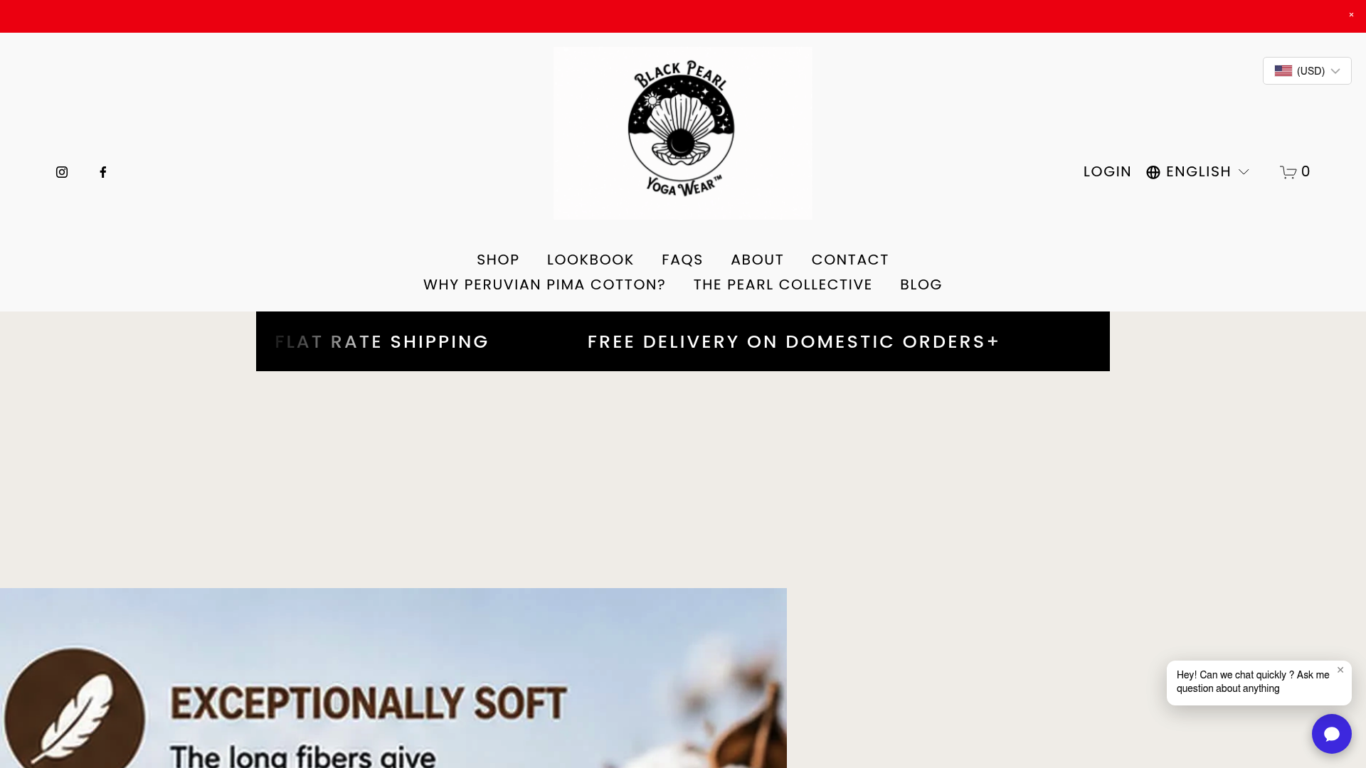 Screenshot: Home page of Black Pearl Yoga Wear showing brand identity, product thumbnails and the premium Peruvian Pima cotton positioning.