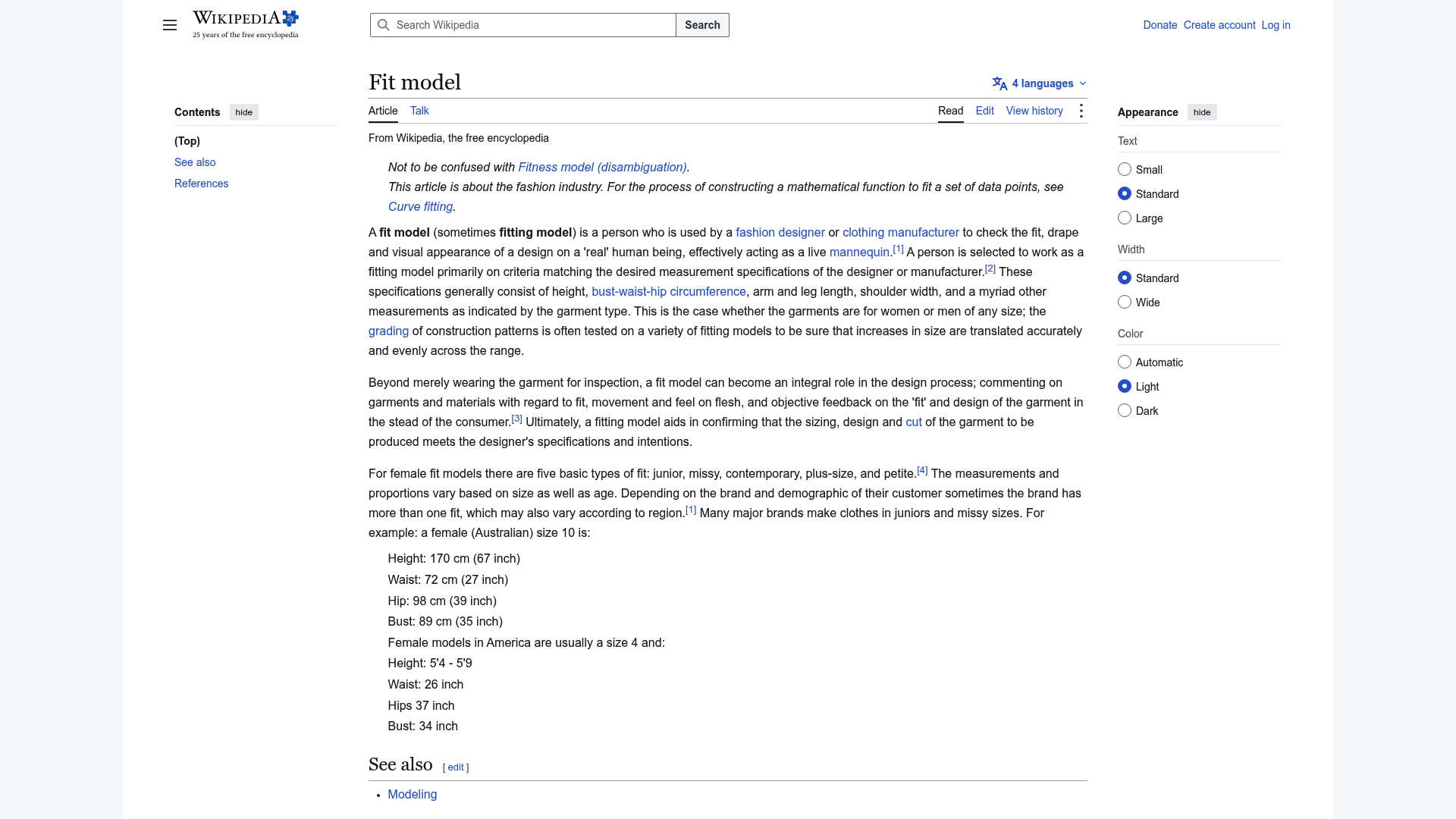 Screenshot: Fit model overview with measurement categories for plus‑size models