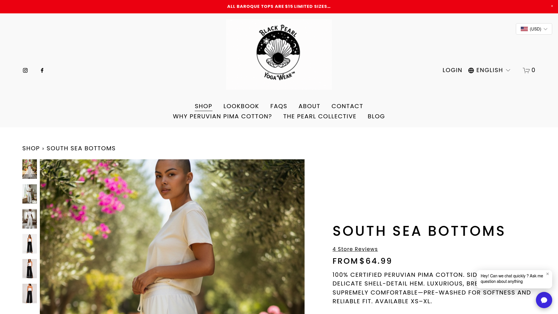 Screenshot: Product page for the South Sea Bottoms leggings showing material details, cut, and images of the breathable Pima cotton construction.