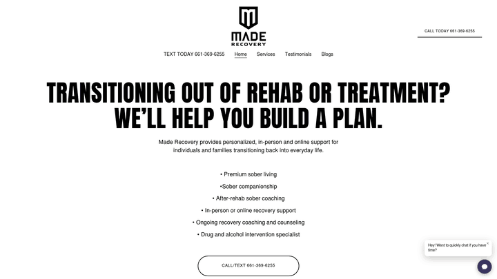 Screenshot: MADE Recovery homepage showing its team‑based sober coaching services and program highlights.