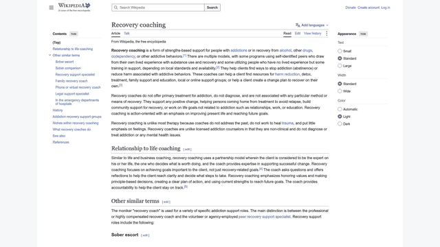 Screenshot: Wikipedia page on recovery coaching that outlines duties, scope, and distinctions from clinical counseling.