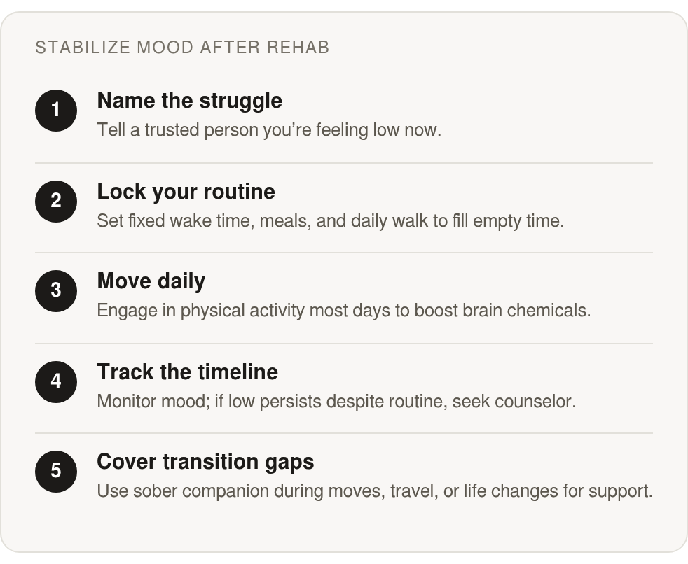 Step by step: Name the struggle; Lock your routine; Move daily; Track the timeline; Cover transition gaps