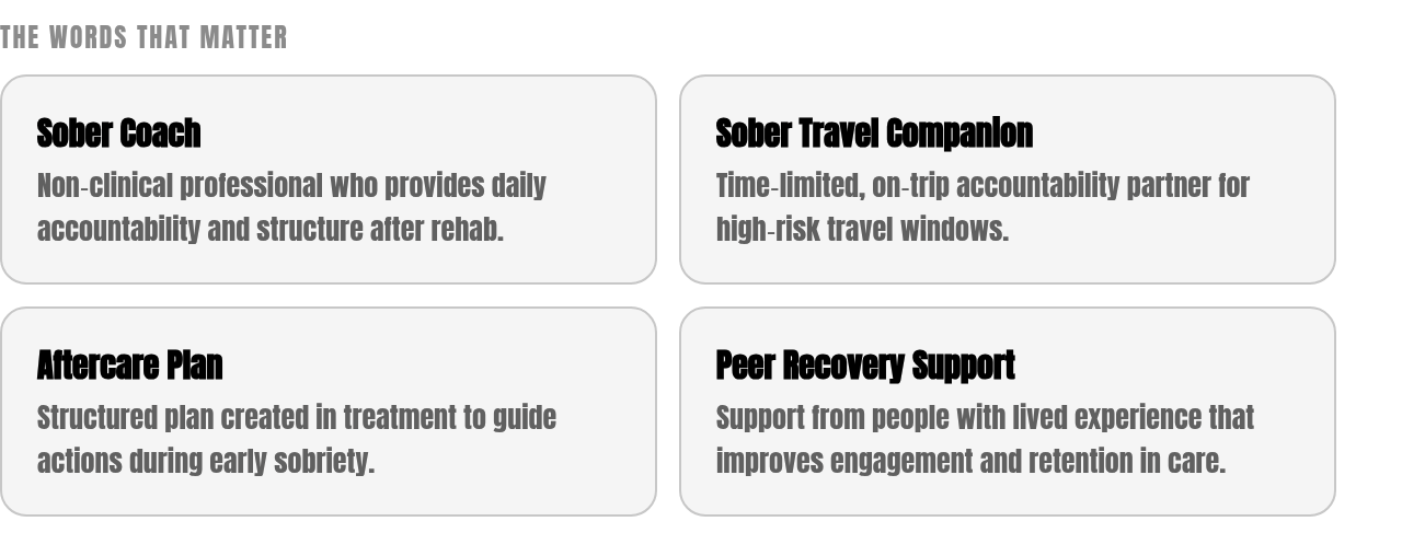 Key terms: Sober Coach — Non‑clinical professional who provides daily accountability and structure after rehab.; Sober Travel Companion — Time‑limited, on‑trip accountability partner for high‑risk travel windows.; Aftercare Plan — Structured plan cre