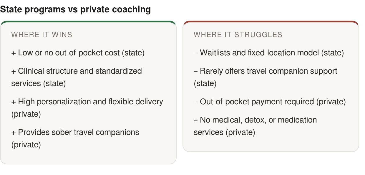 Strengths and limits: strengths — Low or no out‑of‑pocket cost (state), Clinical structure and standardized services (state), High personalization and flexible delivery (private); limits — Waitlists and fixed‑location model (state), Rarely offers tra