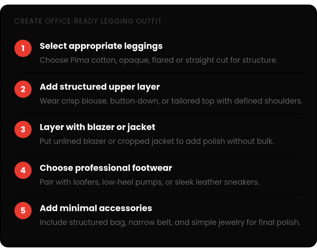 Step by step: Select appropriate leggings; Add structured upper layer; Layer with blazer or jacket; Choose professional footwear; Add minimal accessories