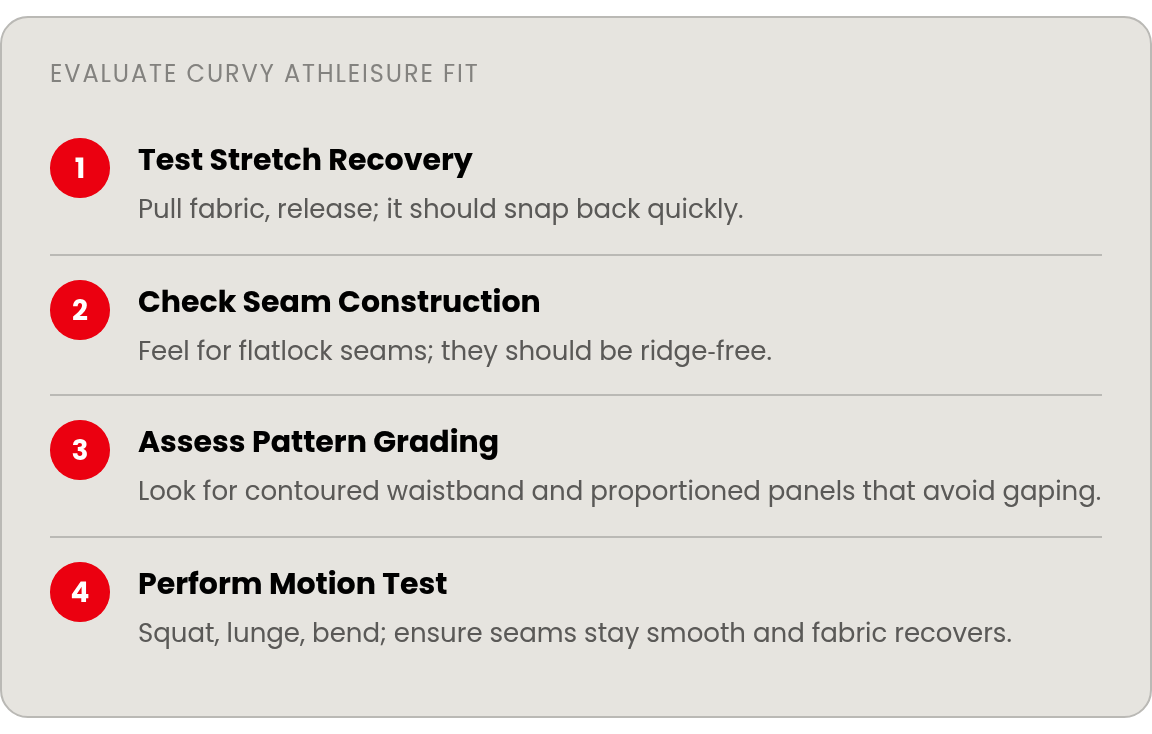 Step by step: Test Stretch Recovery; Check Seam Construction; Assess Pattern Grading; Perform Motion Test